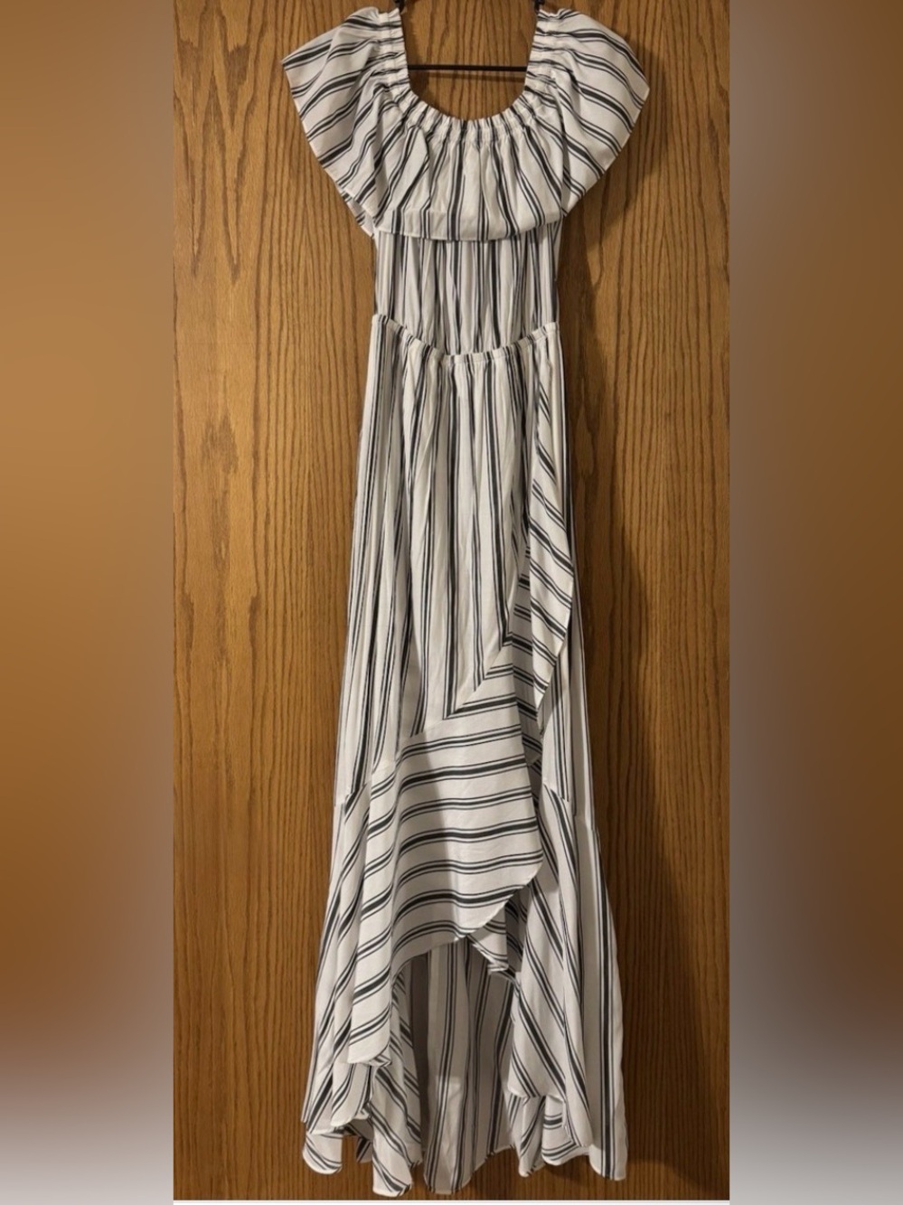 Express Striped Off Shoulder Ruffle High-Low Maxi Dress Small - Picture 7 of 9